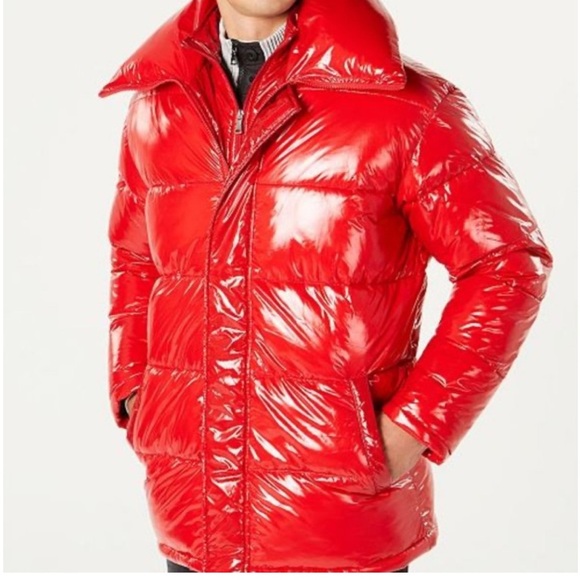 INC men's M medium "Chili Red" double 2x zip oversized shiny padded puffer coat - Picture 1 of 9